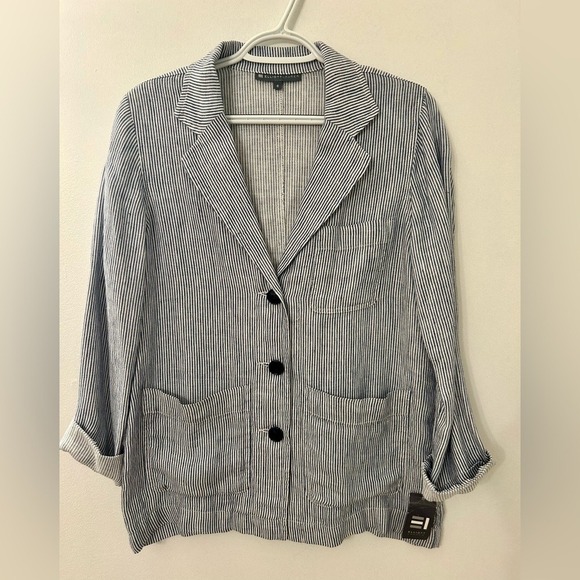 Elliott Lauren Womens Blazer Blue & White Button Front Striped Jacket NWT - Picture 5 of 7